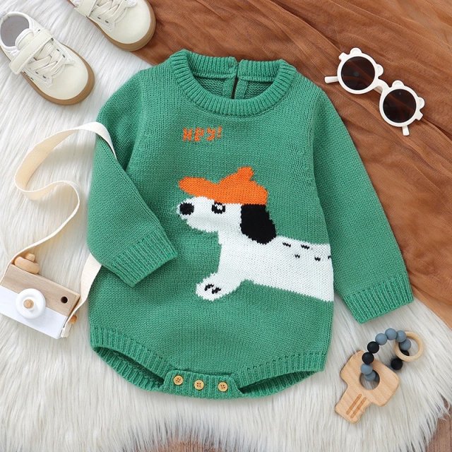 Infant Baby Knit Bodysuit - Cute Dog Cartoon Long Sleeve Romper for Boys & Girls 0-18M