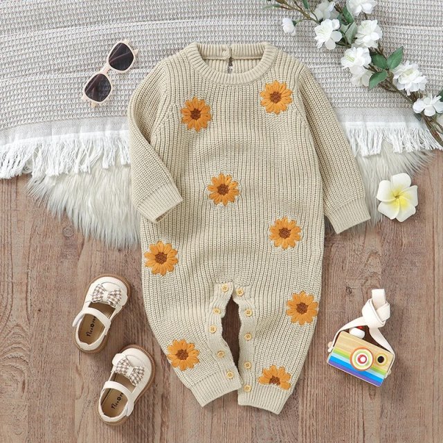 Sunflower Floral Knitted Long SleeveBaby Romper