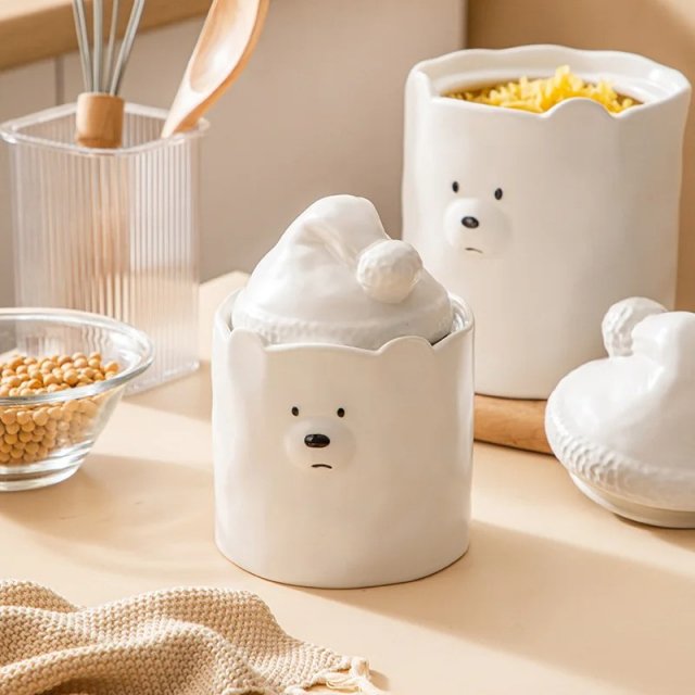 Moisture-proof White Ceramic Bear Storage Jar