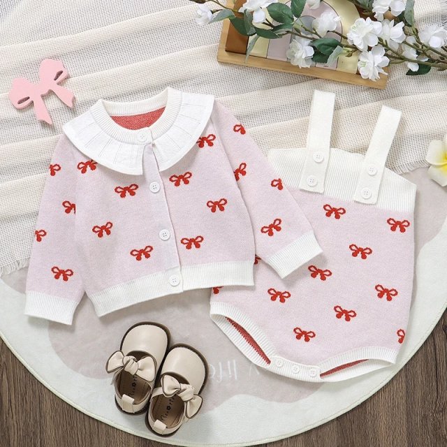 Girls Baby Knitted Sweater and Bodysuit Set - Fashion Bow Cardigan + Romper 2pcs