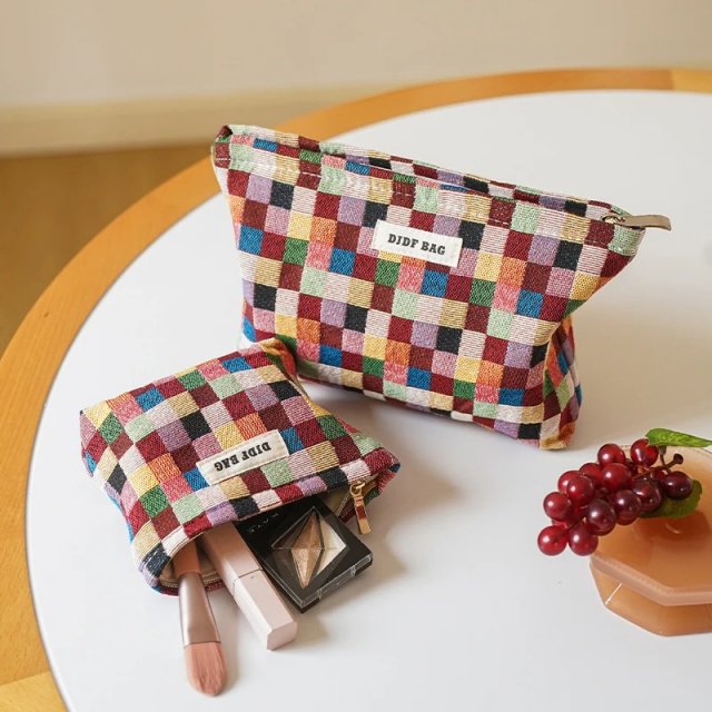 Colorful Checkered Large Capacity Makeup Bag