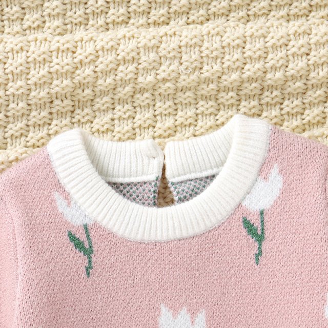 Autumn Baby Girl Knit Sweater Dress with Tulip Print - Image 4