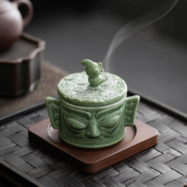 Sanxingdui-Inspired Ceramic Incense Burner - Divine Eye Mask Design - Image 6