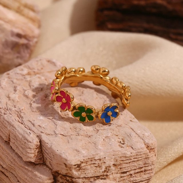 Colorful Enamel Flower Ring - Image 4