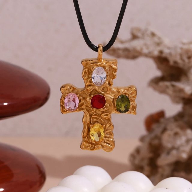 Colorful Cross Pendant Necklace with Black Rope - Image 4