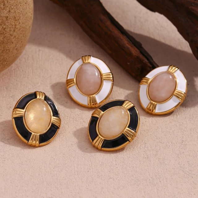 Oval Cross Natural Stone Earrings