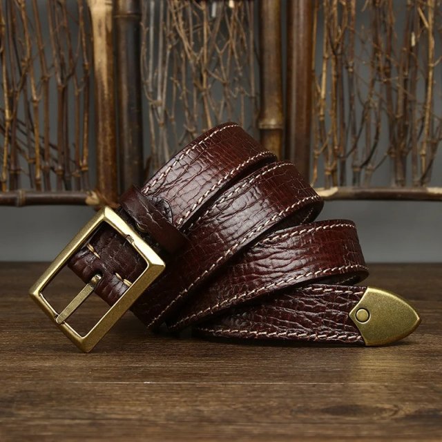 Luxury Genuine Leather Men's Belt with Brass Buckle - Image 3