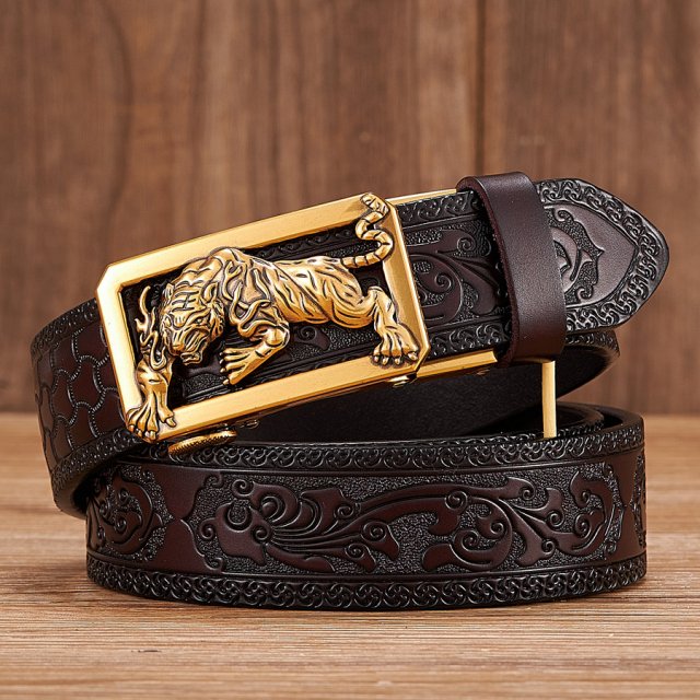 Elegant Tiger Buckle Leather Belt – Floral Tang Grass Pattern, Business & Fashion - Image 5