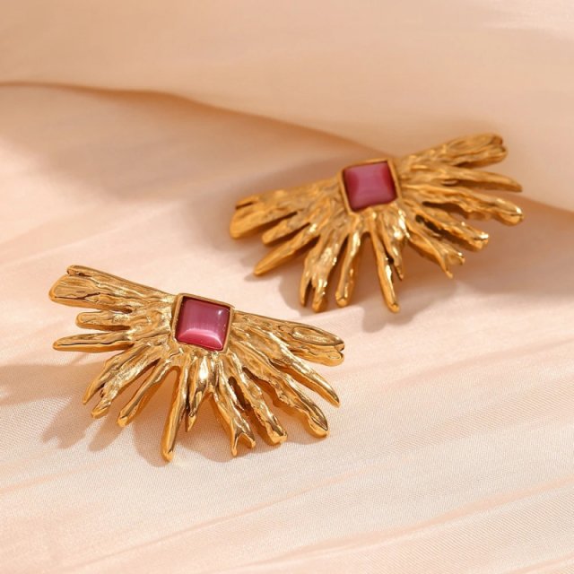 Irregular Fan-shaped Red Agate Earrings with 18K Gold Plated Stainless Steel - Image 3