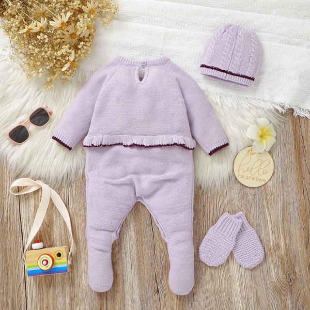 Newborn Baby Knit Romper Set with Hat, Gloves and Ruffles - Image 3