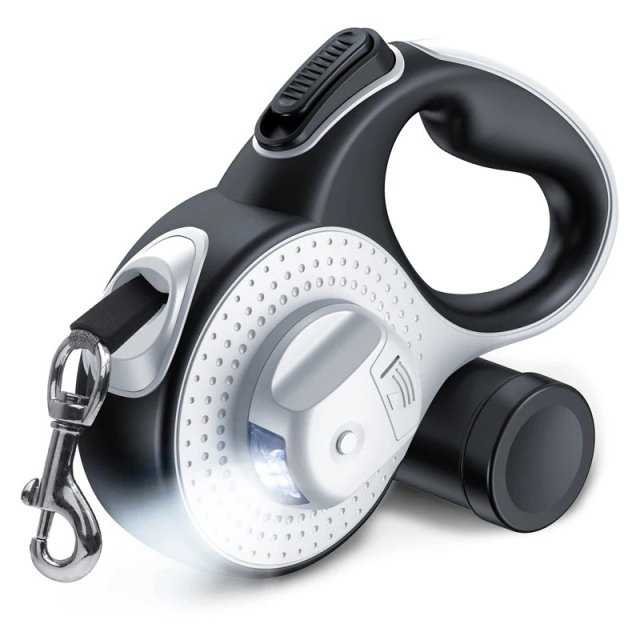 Retractable Dog Leash with LED Flashlight & Poop Bag Holder