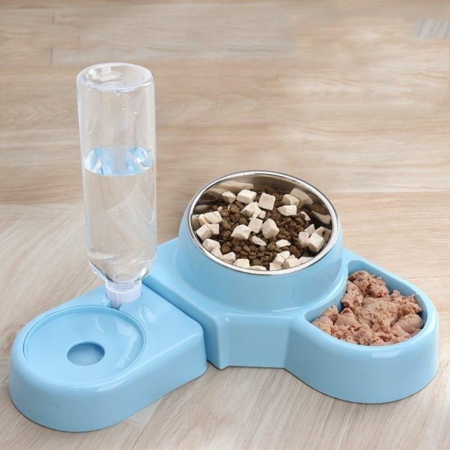 Blue Two-in-One Pet Water and Food Bowl with Automatic Feeder