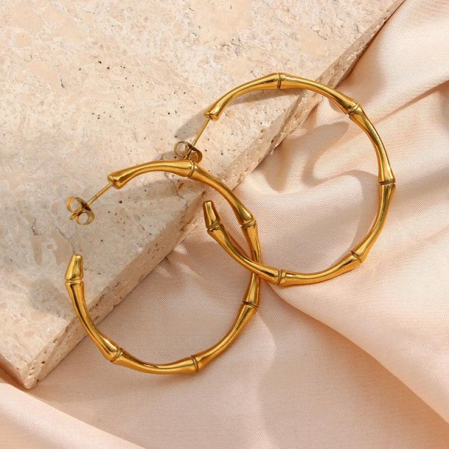 Minimalist Thin Bamboo Large Gold Hoop Earrings – Waterproof Stainless Steel