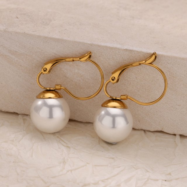 Elegant Gold Stainless Steel Pearl Dangle Earrings for Women – Vintage Drop Huggies - Image 4