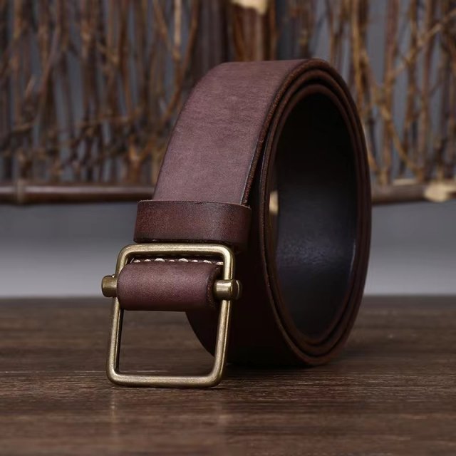 High-Quality Men's Leather Belt - Thick Genuine Cowhide with Copper Buckle - Image 3