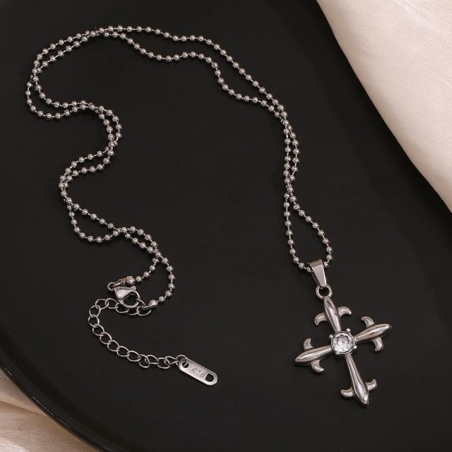 Vintage Rhinestone Cross Pendant Necklace with Beads Chain - Image 7