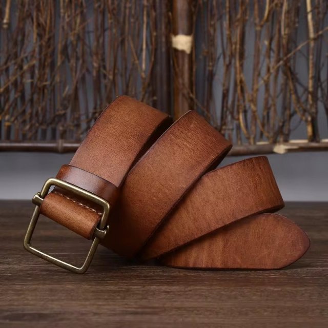 High-Quality Men's Leather Belt - Thick Genuine Cowhide with Copper Buckle - Image 6