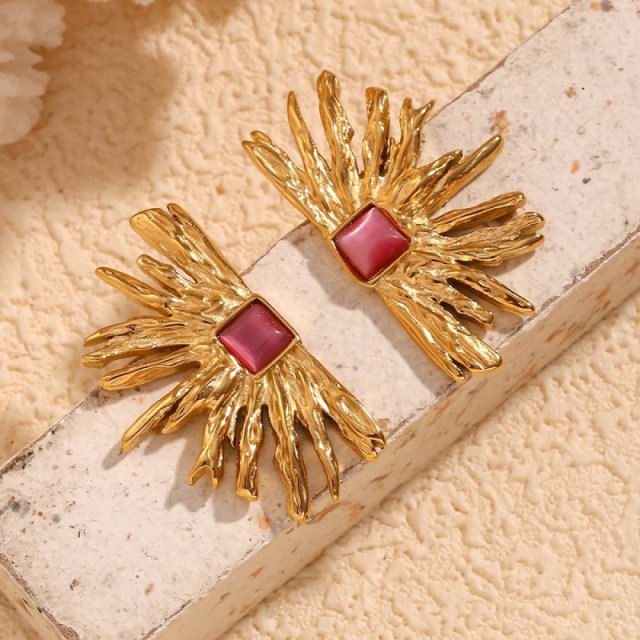 Irregular Fan-shaped Red Agate Earrings with 18K Gold Plated Stainless Steel