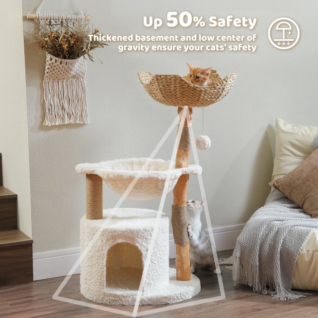 Modern Wooden Cat Tree Tower with Wicker Basket and Cozy Condo - Image 3