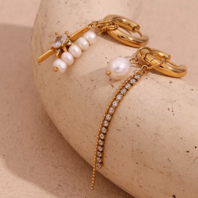 Asymmetric Freshwater Pearl and Zircon Star Chain Drop Earrings - Image 5