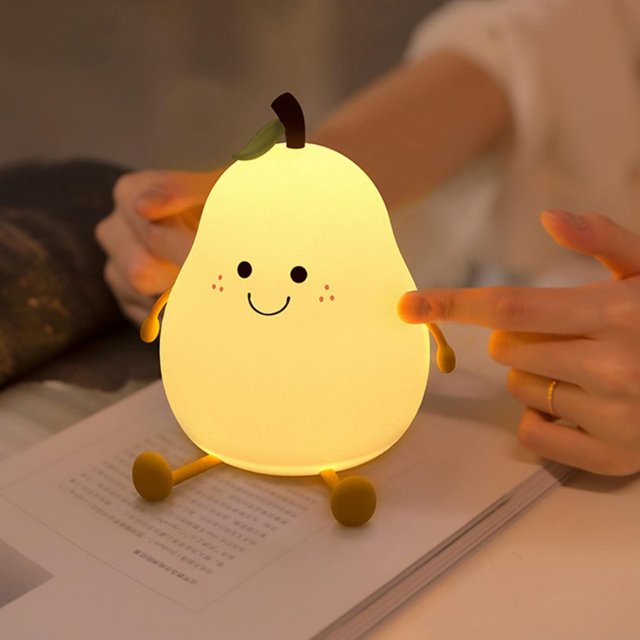 Adorable Pear Shaped Night Light for Kids - 7-Color Dimmable Silicone Lamp