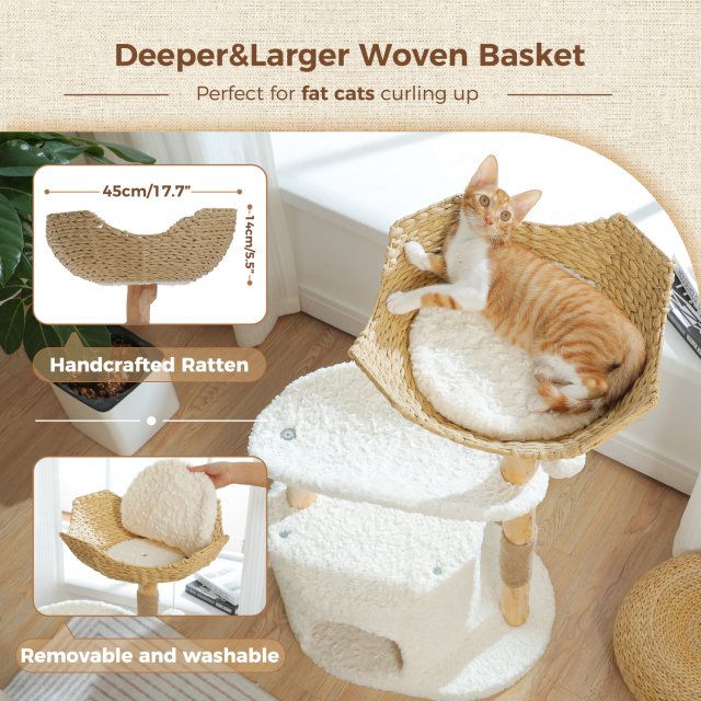 Modern Wooden Cat Tree Tower with Wicker Basket and Cozy Condo - Image 4