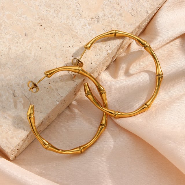 Minimalist Thin Bamboo Large Gold Hoop Earrings – Waterproof Stainless Steel - Image 6