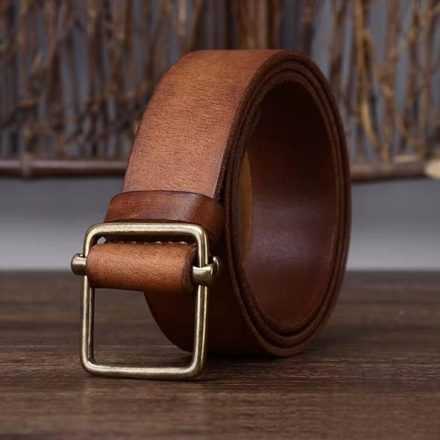 High-Quality Men's Leather Belt - Thick Genuine Cowhide with Copper Buckle