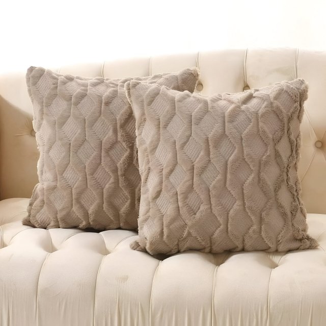 Beige Plush Cushion Cover – Decorative Throw Pillow Cover 18x18 Inch for Sofa & Bed