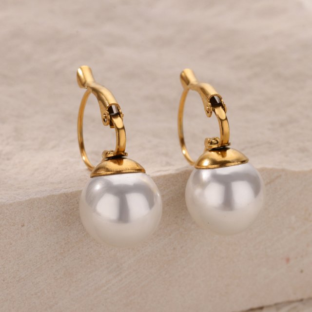 Elegant Gold Stainless Steel Pearl Dangle Earrings for Women – Vintage Drop Huggies - Image 3