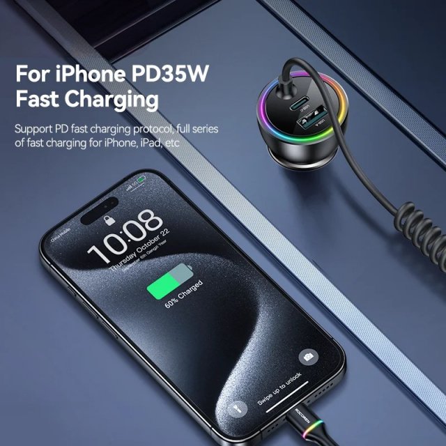 70W USB-C Car Charger with Fast-Charging Spring Cable - Image 5