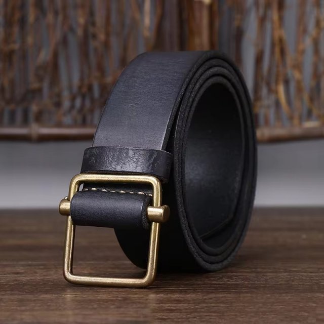 High-Quality Men's Leather Belt - Thick Genuine Cowhide with Copper Buckle - Image 5