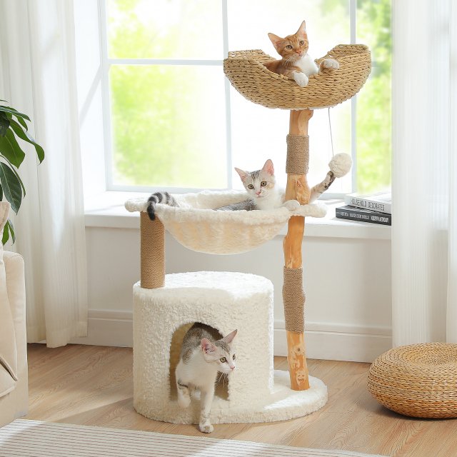 Modern Wooden Cat Tree Tower with Wicker Basket and Cozy Condo - Image 7