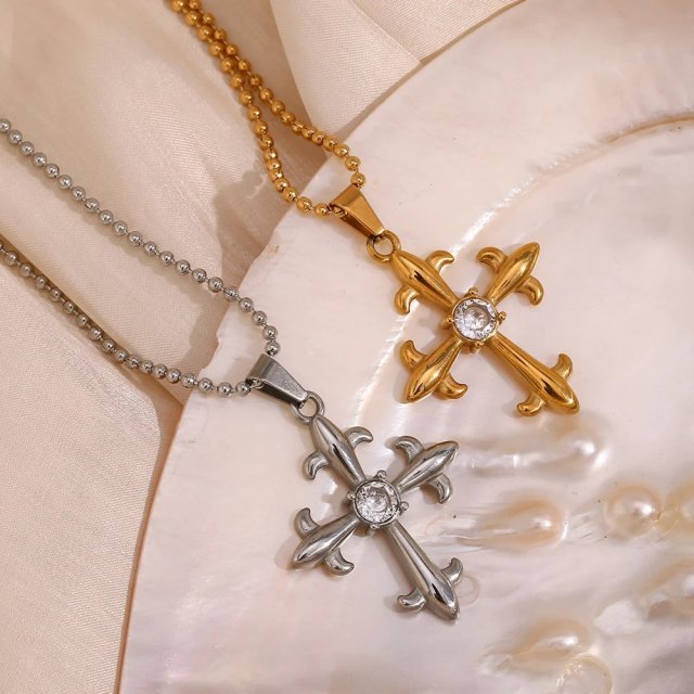 Vintage Rhinestone Cross Pendant Necklace with Beads Chain - Image 5