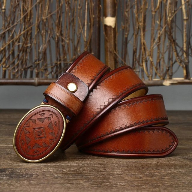 3.8cm Wide Men's Genuine Leather Belt with Copper Smooth Buckle - Image 6