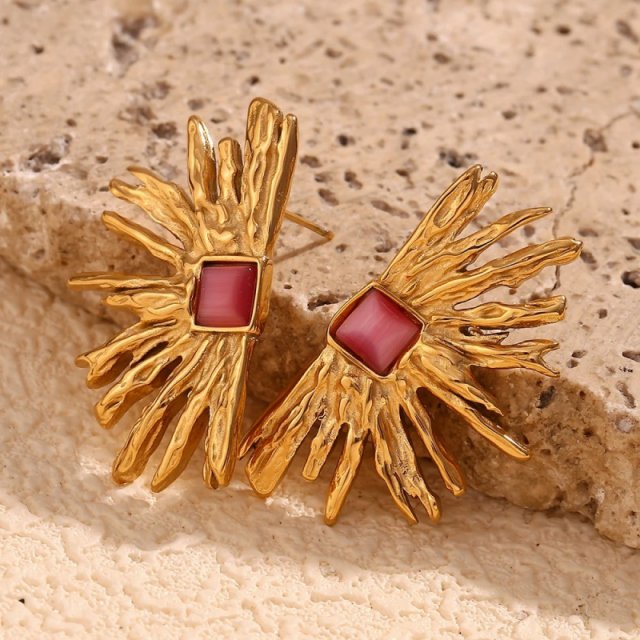 Irregular Fan-shaped Red Agate Earrings with 18K Gold Plated Stainless Steel - Image 4