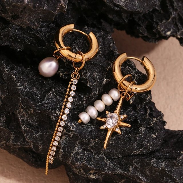 Asymmetric Freshwater Pearl and Zircon Star Chain Drop Earrings - Image 6