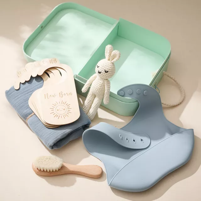 Baby Bath Gift Set - 100% Cotton Towel, Silicone Bib, Bath Brush & Bunny Puppet - Image 3