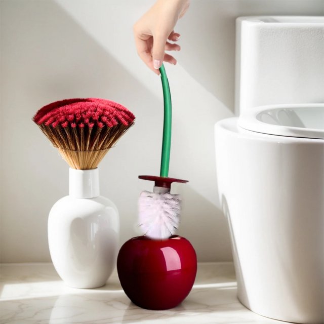 Cherry-Shaped Toilet Brush Set with Long Handle & Base for Bathroom Cleaning