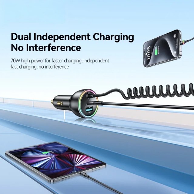 70W USB-C Car Charger with Fast-Charging Spring Cable - Image 4