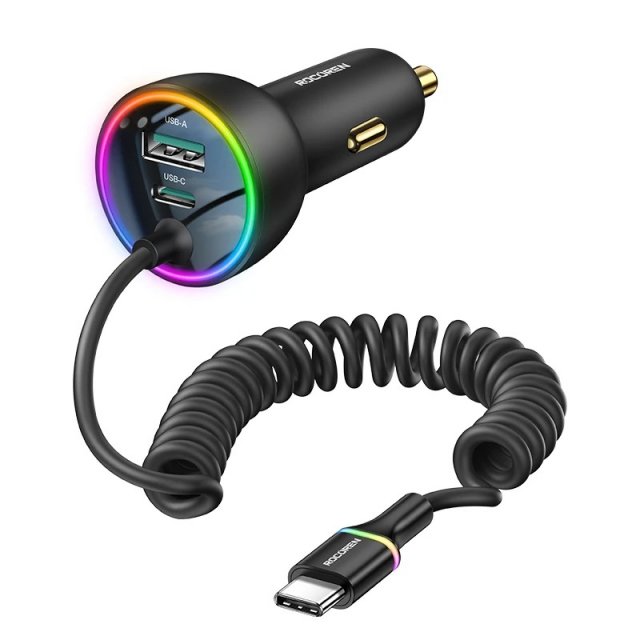 70W USB-C Car Charger with Fast-Charging Spring Cable