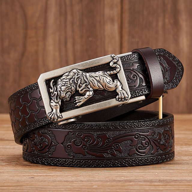 Elegant Tiger Buckle Leather Belt – Floral Tang Grass Pattern, Business & Fashion - Image 4