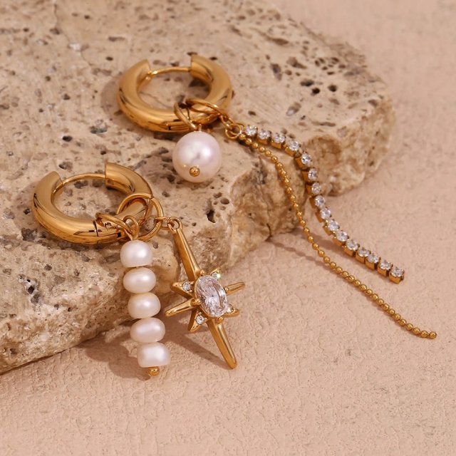 Asymmetric Freshwater Pearl and Zircon Star Chain Drop Earrings - Image 3