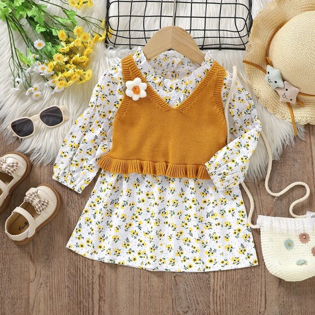 Baby Dress Set - Knit Floral Vest + Skirt 2PC Outfit for Infant Girls