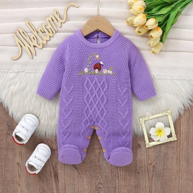 Autumn Baby Knit Romper with Mushroom Embroidery