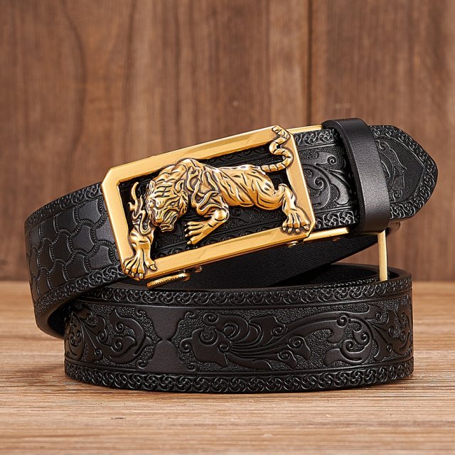 Elegant Tiger Buckle Leather Belt – Floral Tang Grass Pattern, Business & Fashion - Image 3