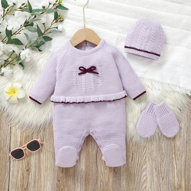 Newborn Baby Knit Romper Set with Hat, Gloves and Ruffles