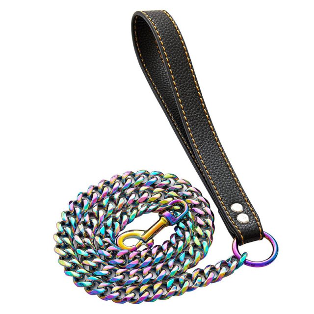 Thick Gold Chain Dog Leash with Leather Padded Handle