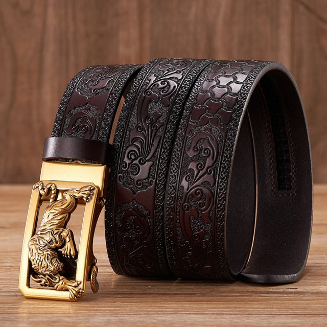 Elegant Tiger Buckle Leather Belt – Floral Tang Grass Pattern, Business & Fashion - Image 6