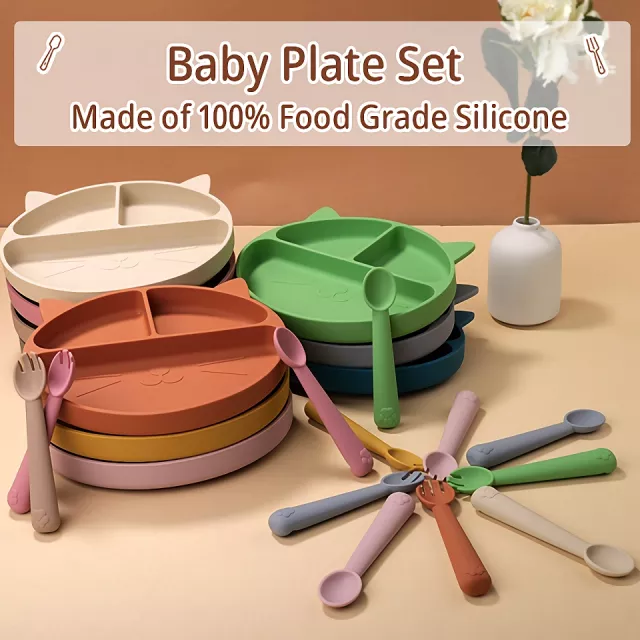 3-Piece Baby Silicone Feeding Set – Sucker Bowl, Cup, Bib with Spoon & Fork - Image 3